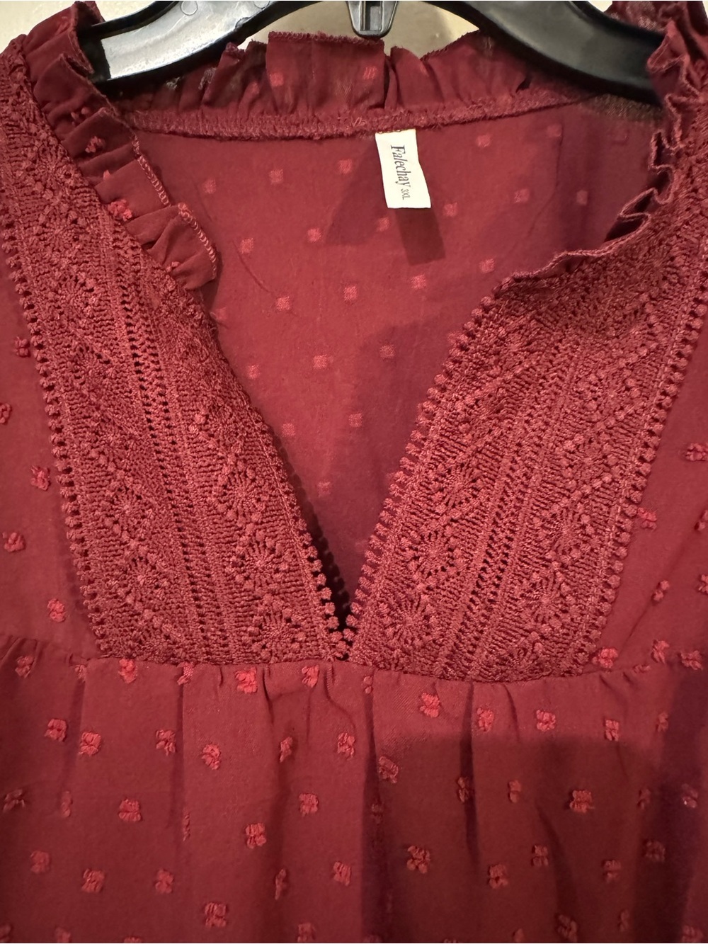 Falechay 3XL Burgundy Swiss Dot Lace Flutter Sleeve Boho Blouse - Picture 6 of 7